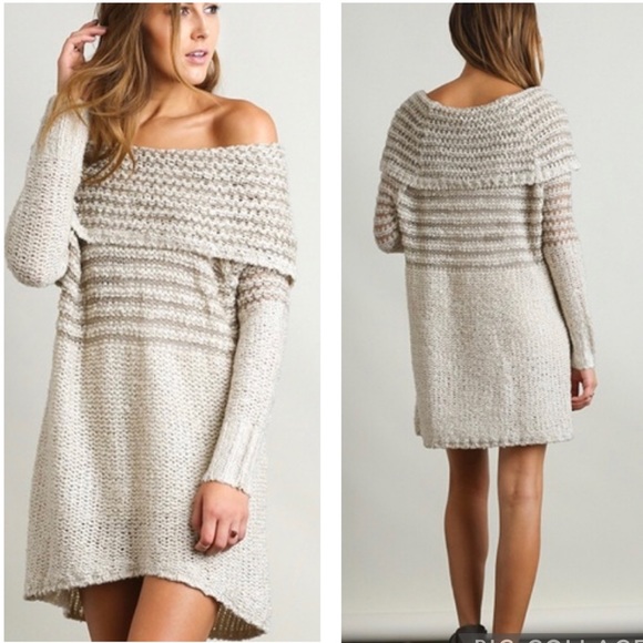 Umgee Sweaters - Umgee slouchy oversized soff the shoulder sweater dress taupe and cream Large